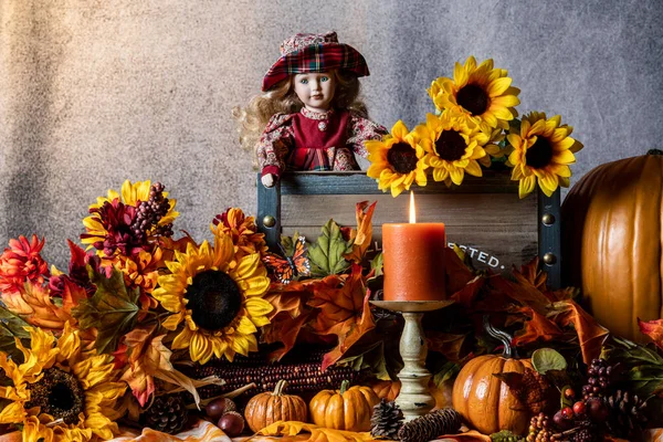 Fall Scene Orange Pumpkins Yellow Sunflowers Burning Candle Young Girl — Zdjęcie stockowe