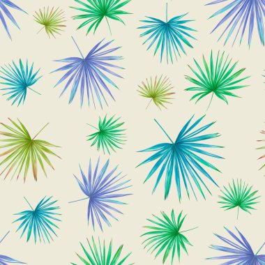 Tropikal yaprak dikişsiz el çizimi deseni. El yapımı botanik fan palmiye yaprağı deseni.