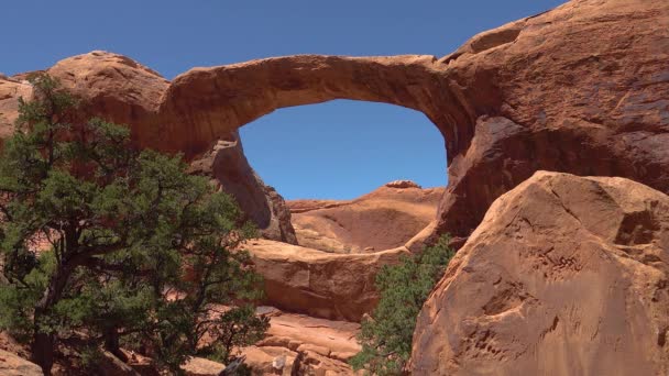 Ugjennomsiktig Utsikt Double Arch Arches Nasjonalpark Utah Moab Usa – stockvideo