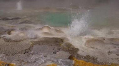 Kaynar su kaynayan gayzer. Büyük patlamalarla aktif gayzer. Yellowstone Ulusal Parkı, Wyoming, ABD