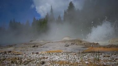 Kaynar su kaynayan gayzer. Büyük patlamalarla aktif gayzer. Yellowstone Ulusal Parkı, Wyoming, ABD