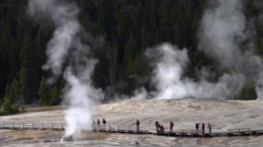 Bir gayzerin arka planına karşı turistler. Wyoming, ABD 'deki Yellowstone Ulusal Parkı' nda gayzer patladı