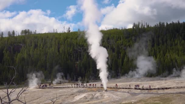 Bir Gayzerin Arka Planına Karşı Turistler Wyoming Abd Deki Yellowstone — Stok video