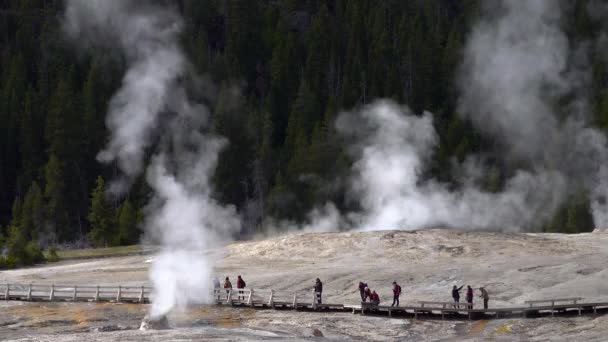 Turisták Gejzír Hátterében Geyser Kitör Yellowstone Nemzeti Park Wyoming Usa — Stock videók