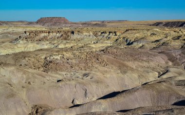 Arizona 'daki Petrified Forest Ulusal Parkı' ndaki aşındırıcı renkli kil manzarası ve manzarası.