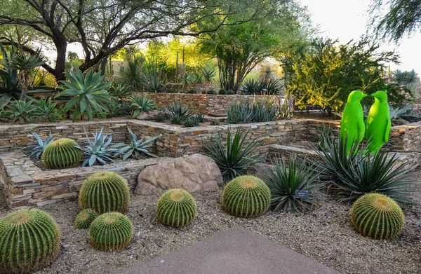 ABD, PHENIX, ARIZONA - NOVEMBER 17, 2019: Phoenix, Arizona botanik bahçesindeki farklı türlerin kaktüsleri arasında çok renkli plastik hayvan figürleri