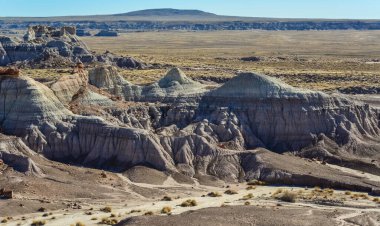 Güneşli bir günde Boyalı Çöl. Çeşitli tortu kayaları ve kil suyla yıkanmış. Taşlaşmış Orman Ulusal Parkı, ABD, Arizona