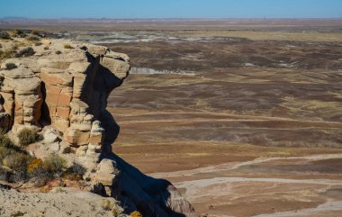 Güneşli bir günde Boyalı Çöl. Çeşitli tortu kayaları ve kil suyla yıkanmış. Taşlaşmış Orman Ulusal Parkı, ABD, Arizona