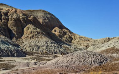 Güneşli bir günde Boyalı Çöl. Çeşitli tortu kayaları ve kil suyla yıkanmış. Taşlaşmış Orman Ulusal Parkı, ABD, Arizona