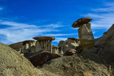 Farmington, New Mexico yakınlarındaki San Juan 'da Ah-Shi-Sle-Pah Yaban Hayatı Çalışma Alanında erozyonun oluşturduğu garip kumtaşı oluşumları.. 