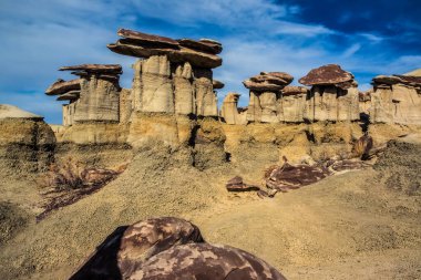 Farmington, New Mexico yakınlarındaki San Juan 'da Ah-Shi-Sle-Pah Yaban Hayatı Çalışma Alanında erozyonun oluşturduğu garip kumtaşı oluşumları.. 