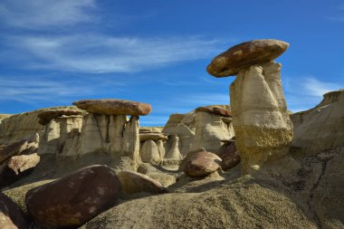 Farmington, New Mexico yakınlarındaki San Juan 'da Ah-Shi-Sle-Pah Yaban Hayatı Çalışma Alanında erozyonun oluşturduğu garip kumtaşı oluşumları.. 