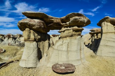 Farmington, New Mexico yakınlarındaki San Juan 'da Ah-Shi-Sle-Pah Yaban Hayatı Çalışma Alanında erozyonun oluşturduğu garip kumtaşı oluşumları.. 