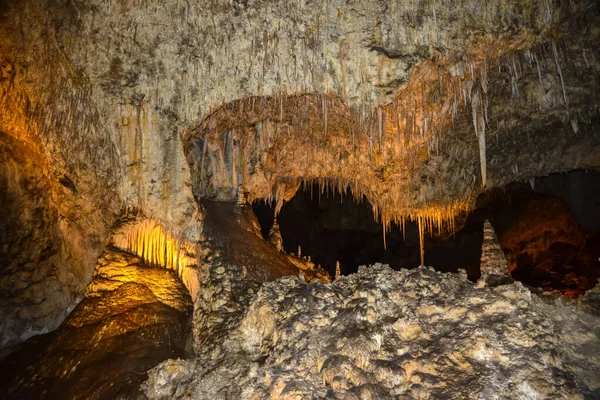 Calcite Des Criques Stalactites Stalagmites Dans Grandes Salles Souterraines Parc — Photo