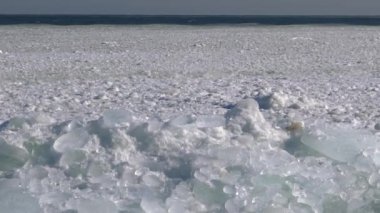 2017 'de Ukrayna' nın Odessa kenti yakınlarındaki bir denizde meydana gelen fırtınada kıyıya yakın sularda donmuş Karadeniz, buz kütleleri ve deniz blokları sallanıyordu.