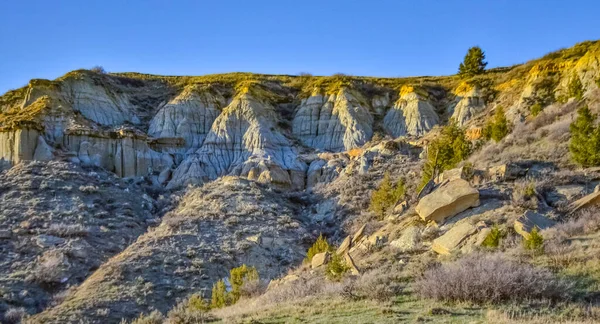 Geologiczny Krajobraz Kamienno Glinowy Góry Skały Wieczorem Zachodzie Słońca Dakota — Zdjęcie stockowe