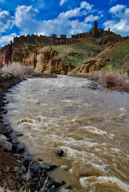 Dağ nehri, çamurlu su, dağlarda eriyen kar. Dağ manzarası. Montana