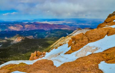 Kış dağlarının manzarası, Pikes Tepesi 'nin karla kaplı yamaçları, Colorado, ABD