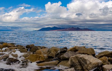 Hipersalin gölünün kıyısı. Great Salt Lake Eyalet Parkı. Utah ABD