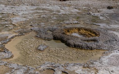 Kaynar su kaynayan gayzer. Büyük patlamalarla aktif gayzer. Yellowstone NP, Wyoming, ABD