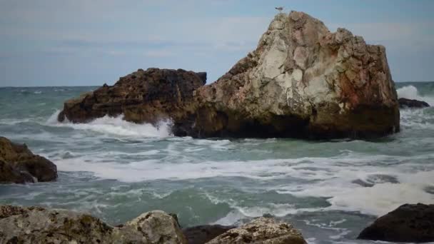 Forte Tempestade Perto Uma Costa Rochosa Ondas Brancas Com Espuma — Vídeo de Stock