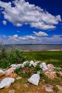 Doğanın kirliliği, bir rezervuarın kıyısındaki plastik çöp yığını, ekolojik felaket, Ukrayna.