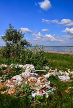 Doğanın kirliliği, bir rezervuarın kıyısındaki plastik çöp yığını, ekolojik felaket, Ukrayna.