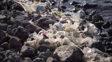 Plastik çöp, deniz ekolojisi. Kıyılarda çürüyen polietilen çöpleri ve suda yüzen ve denizi kirleten, hayvanları öldüren. Ukrayna