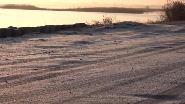 Hoarfrost Car Tracks Road Early Spring Ukraine — Video