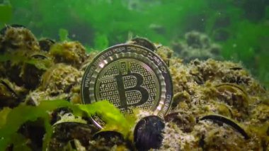 Bitcoin düştü, Bitcoin en altta, bir ayı trendi. Yosun arasında suyun altındaki madeni para