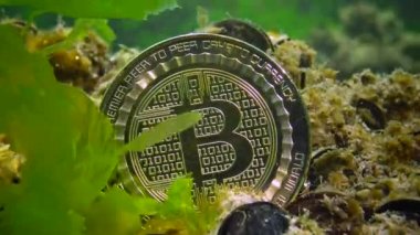 Bitcoin düştü, Bitcoin en altta, bir ayı trendi. Yosun arasında suyun altındaki madeni para