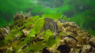 Bitcoin düştü, Bitcoin en altta, bir ayı trendi. Yosun arasında suyun altındaki madeni para