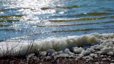 Çevresel sorun ve kirlilik, doğal bir rezervuarın ötrofikasyonu, kıyıdaki kirli köpük