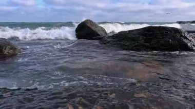 Karadeniz: dalgalar, Ukrayna 'nın Odessa kentindeki bir sahil şeridi boyunca yeşil alg tabakasıyla kaplı doğal coquina kireçtaşı taşlarının üzerini yıkıyor.