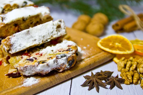 Traditional Christmas Stollen German Festive Dessert Sliced Wooden Board — Stock Photo, Image