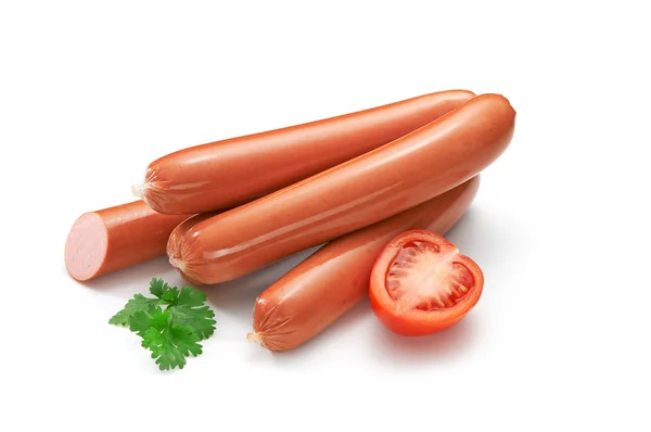 Sausage on a white background with green leaf and tomato — Stock Photo, Image