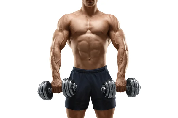 Strong and power bodybuilder doing exercises with dumbbell — Stock Photo, Image