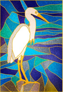 Lekeli cam pencere. Beyaz balıkçıl balıklarının vektör bileşimi. ArchiCAD için iç mekan, tasarım. Akbalıkçıl ve su. Kurşun geçirmez cam. Tiffany iç mekanlar için vitray..