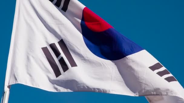 韓国国旗風を動かす 大きな旗は太陽によって照らされ 青い空に対して風の中で心を込めて舞います スローモーション240 Fps — ストック動画