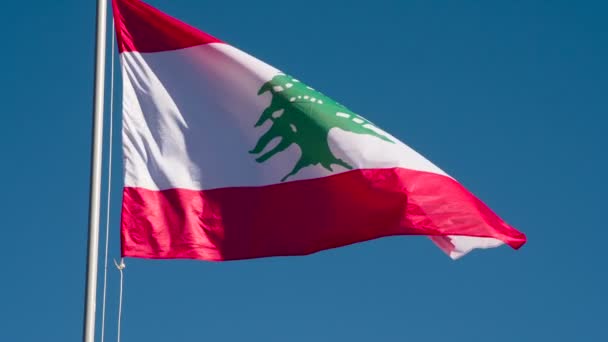 レバノン国旗太陽によって点灯します 大きな旗は太陽によって照らされ 青い空に対して風の中で心を込めて舞います スローモーション240 Fps — ストック動画