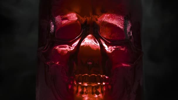 血の赤ガラスの頭蓋骨 頭蓋骨の形をした明るく豊かな血管で そこから蒸発して黒い背景の縁を遅くします — ストック動画