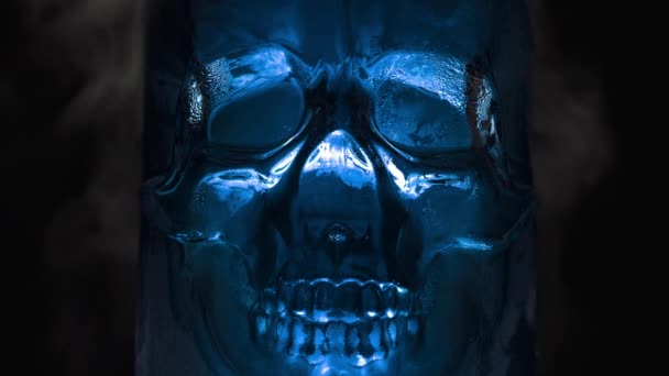 Glass Skull Glowing Blue Light Bright Rich Amethyst Blue Vessel — Vídeo de stock