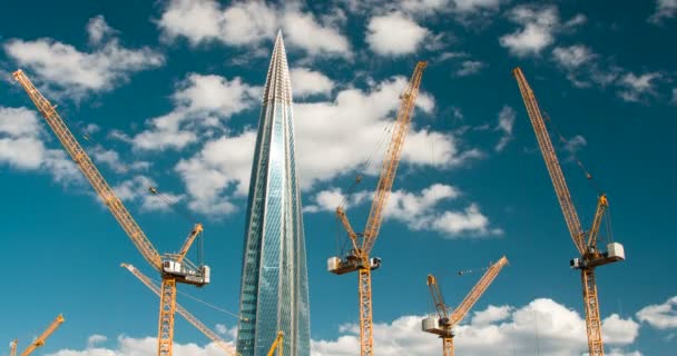 Bâtiment Gratte Ciel Actif Temps Écoulé Nombreuses Grues Tour Fonctionnent — Video