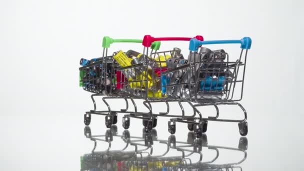 Batteries Shopping Queue Three Grocery Carts Full Batteries Stand One — Stockvideo