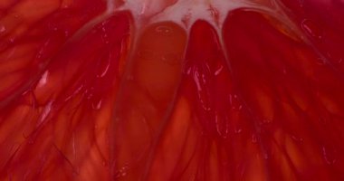 Greyfurt Lobule 'u sık. Dilimler ve greyfurt parçaları sıkıştırılır ve parlak beyaz bir arka planda ezilerek sulu bir posa ve kabuk patlaması yaratır. 120fps 'te atış