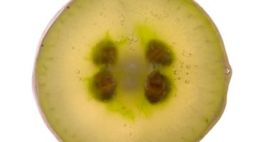 Sulu Yeşil Üzüm 'ü ez. Beyaz üzümler sıkıştırılır ve parlak beyaz bir arka planda ezilir, sulu bir hamur ve meyve suyu serpintisi oluşturur. 120 fps 'te atış.