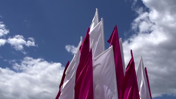 Banderas blancas y púrpuras ondeaban en el viento — Vídeo de stock