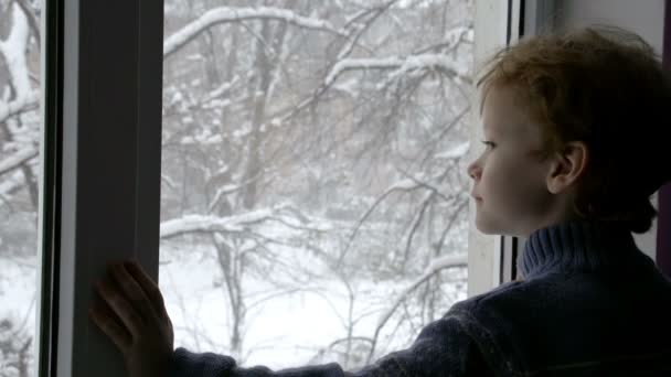 Boy looking at snow — Stock Video