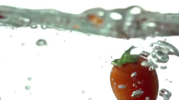 Tomaten vallen in water — Stockvideo