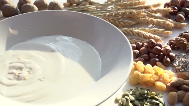 Teller mit Milch werden langsam Müsli gegossen. — Stockvideo